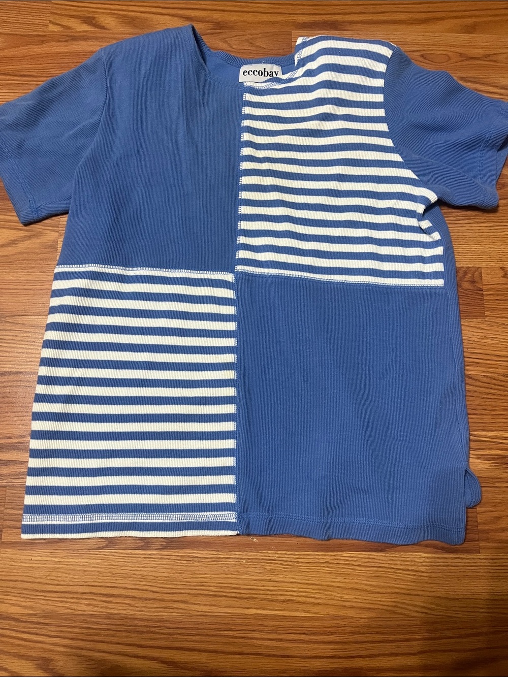 Eccobay Blue and White Patchwork Striped Short Sleeve Tee